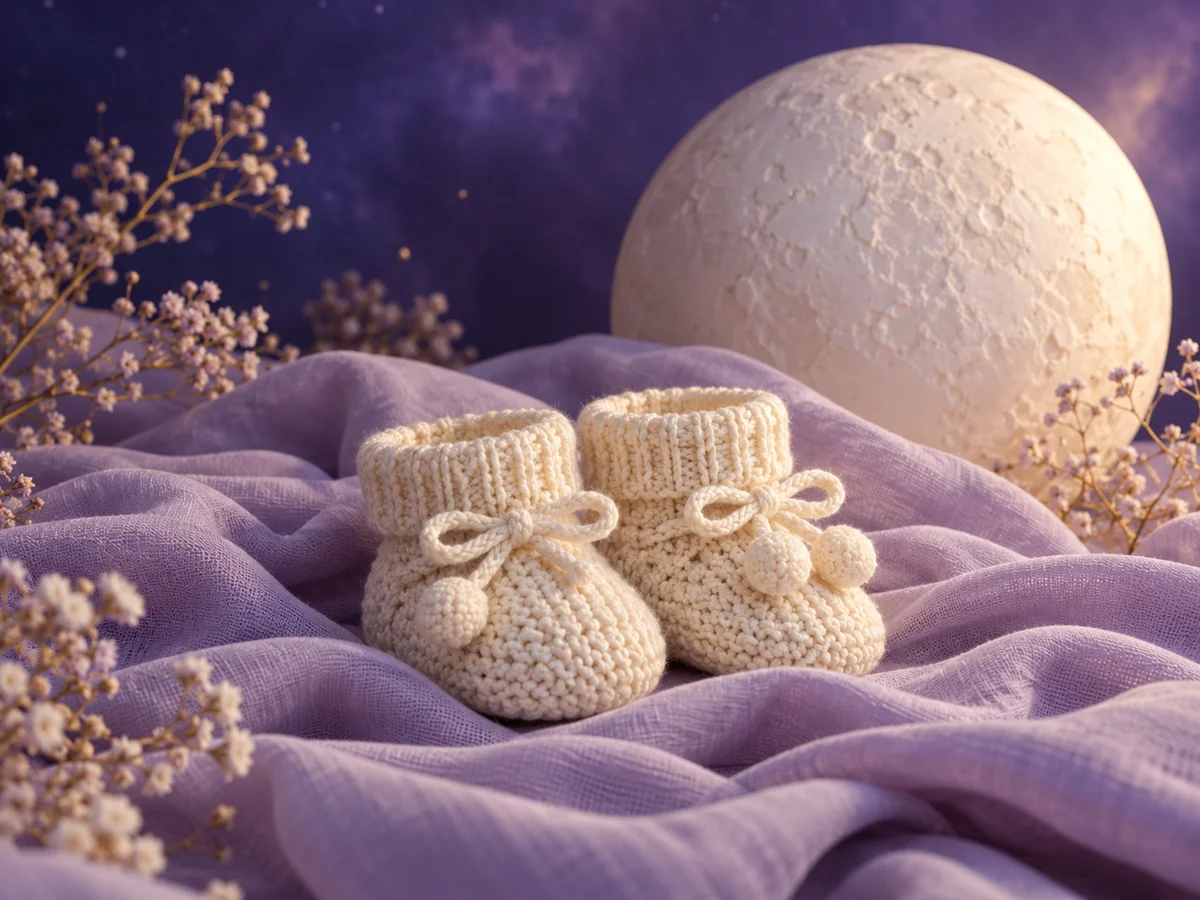 De petits chaussons en maille ivoire sur un tissu violet, dans une lumière douce.